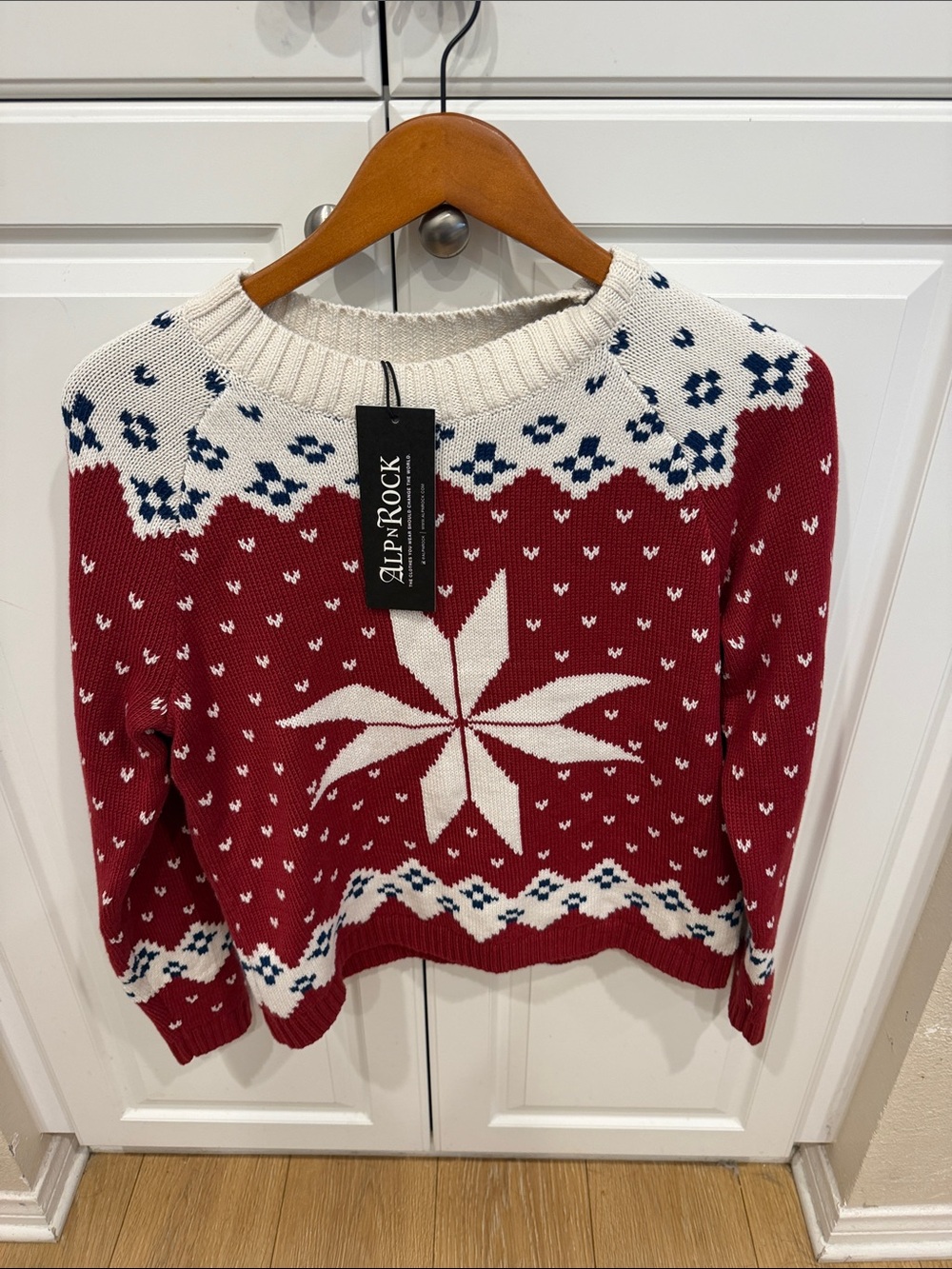 Alp N Rock Red Fair Isle Snowflake Crewneck Sweater with Cream & Red